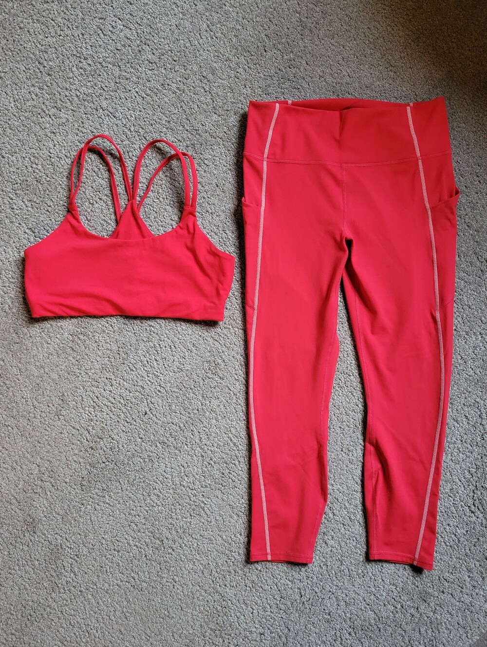 Fabletics Trinity Pocket Leggings Principal Sports Bra Set Candy Red